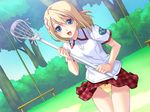  blonde_hair bomi dutch_angle game_cg lacrosse lucky_x_crosse non-web_source otobe_an panties racket short_hair skirt skirt_lift solo underwear wind wind_lift yellow_panties 