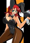  animal_ears bunny_ears bunnysuit fishnet_pantyhose fishnets gacha_(ssaketen) green_eyes pantyhose quiz_magic_academy red_hair ruquia short_hair solo 