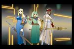  agrias_oaks blonde_hair brown_hair dark_skin dress final_fantasy final_fantasy_tactics headband long_hair meliadoul_tengille misairu_oppai multiple_girls purple_eyes rapha_galthena red_eyes ribbon robe short_hair staff sword weapon 