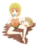  bad_id bad_pixiv_id barefoot blonde_hair brown_hair food hidamari_sketch miyako popsicle roas short_hair shorts sitting solo tank_top wide_face yukkuri_shiteitte_ne yuno ||_|| 