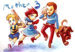  2boys artist_request baseball_bat beard blonde_hair blue_eyes boney brown_hair dog duster_(mother) facial_hair gloves kumatora lowres lucas mother_(game) mother_3 multiple_boys pink_hair quiff short_hair 