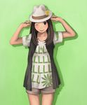  ;p bad_id bad_pixiv_id brown_eyes brown_hair copyright_request fedora flower hat long_hair one_eye_closed shadow shorts solo standing tamaru_tokihiko tongue tongue_out 