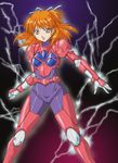  anice_farm bodysuit bow chouon_senshi_borgman electricity hair_bow half_updo lightning okiyumi_kase orange_eyes orange_hair power_armor solo 