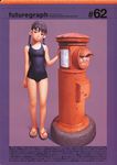  arm_at_side artist_name bangs bare_arms bare_legs bare_shoulders black_eyes black_hair black_swimsuit blunt_bangs breasts closed_mouth covered_navel expressionless feet flip-flops full_body hair_ornament head_tilt highres japanese_cylindrical_postbox japanese_postal_mark long_hair looking_at_viewer low_twintails murata_renji one-piece_swimsuit postbox_(outgoing_mail) purple_background sandals scan small_breasts solo standing swimsuit text_focus toes translation_request twintails watermark web_address 