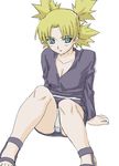 blonde_hair green_eyes naruto naruto_(series) okiyumi_kase panties pantyshot quad_tails sitting solo temari underwear 