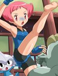  armpits bandages bandaid barefoot bodysuit feet gen_1_pokemon gen_3_pokemon gloves gym_leader high_kick kicking lowres machamp meditite pink_eyes pink_hair pokemoa pokemon pokemon_(creature) pokemon_(game) pokemon_dppt short_hair sumomo_(pokemon) 