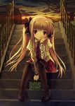  blonde_hair chin_rest fate_testarossa kichiroku long_hair lyrical_nanoha mahou_shoujo_lyrical_nanoha necktie pantyhose red_eyes sitting sitting_on_stairs smile solo stairs twintails 