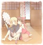  blonde_hair box breath brown_hair can closed_eyes detached_sleeves donation_box dress hair_ribbon hakurei_reimu hat kirisame_marisa momoyama_nozomu multiple_girls ribbon shrine shrine_bell sitting snow socks touhou witch_hat 