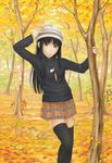  autumn bad_id bad_pixiv_id beanie black_hair black_legwear brown_eyes copyright_request hat jewelry leaf long_hair necklace orange_(color) orange_background orange_skirt plaid plaid_skirt pom_pom_(clothes) skirt solo suda_(yuunagi_enikki) thighhighs tree zettai_ryouiki 