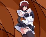  ass black_legwear blush breasts cleavage detached_sleeves frills garter_straps green_eyes large_breasts looking_back maid maid_headdress mature mikado_ryouko no_panties non-web_source red_hair short_hair smile solo thighhighs to_love-ru wallpaper 