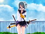  belt book glaring glasses green_hair hair_ornament hairclip hairpin katana original ponytail sakuya_tsuitachi school_uniform serafuku solo sword weapon 