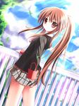  brown_hair dutch_angle little_busters! long_hair looking_back mycstea natsume_rin plaid plaid_skirt ponytail red_eyes school_uniform skirt solo 