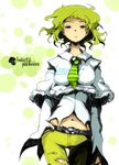  amanita_phalloides belt green_hair highres midriff mushroom necktie oso-teki_kinoko_gijinka_zukan oso_(toolate) personification red_eyes short_hair solo torn_clothes 