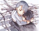  1girl copyright_request hug kitano_yuusuke long_hair silver_hair stairs 