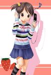  brown_eyes brown_hair cellphone headphones ichigo_mashimaro itou_chika kneehighs multicolored multicolored_shirt multicolored_stripes natsukon phone short_hair side_ponytail skirt socks solo striped striped_legwear 