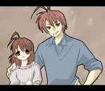  1girl antenna_hair bad_id bad_pixiv_id brown_eyes brown_hair cigarette clannad father_and_daughter furukawa_akio furukawa_nagisa mayuka short_hair 