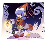  ankle_boots blue_eyes blue_hair boots full_body halloween hat lantern looking_at_viewer lowres night open_mouth original pumpkin short_hair smile solo tobe_sunaho twintails walking wizard_hat 