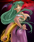  artist_request breasts covered_nipples demon_girl fire green_eyes green_hair head_wings large_breasts long_hair morrigan_aensland nail_polish pantyhose pink_nails purple_wings sideboob smile solo standing vampire_(game) wings 