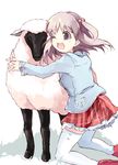  happy hug kitano_yuusuke kneeling nanako_(to_heart_2) sheep skirt solo thighhighs to_heart_2 to_heart_2_ad two_side_up white_legwear 