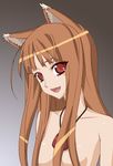  animal_ears brown_hair fang hair_censor hair_over_breasts holo jewelry long_hair necklace nude okiyumi_kase red_eyes solo spice_and_wolf 