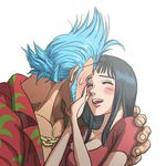  1girl artist_request black_hair blue_hair blush breasts cleavage franky happy hawaiian_shirt large_breasts laughing lowres nico_robin one_piece shirt smile 
