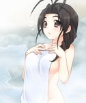  ahoge black_hair breasts brown_eyes drill_hair eyebrows large_breasts love_hina nude onsen otohime_mutsumi sideboob solo towel usashiro_mani 