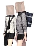  backpack bag bag_over_head iwai_ryou multiple_girls necktie original paper_bag school_uniform skirt 
