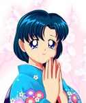  bishoujo_senshi_sailor_moon blue_eyes blue_hair blush flower japanese_clothes kimono mizuno_ami pirochi short_hair smile solo 