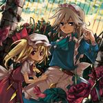  blonde_hair blue_eyes flandre_scarlet flower hairband hat izayoi_sakuya knife maid multiple_girls red_eyes ribbon short_hair silver_hair takishima_asaka touhou 