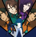  allelujah_haptism bad_id bad_pixiv_id black_hair brown_hair celestial_being_uniform gloves green_hair gundam gundam_00 hallelujah_haptism jacket lockon_stratos lyle_dylandy male_focus multiple_boys purple_hair setsuna_f_seiei shiroshiro tieria_erde 