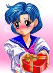  bishoujo_senshi_sailor_moon blue_eyes blue_hair blue_sailor_collar blush bow box gift heart-shaped_box holding holding_gift juuban_middle_school_uniform mizuno_ami pirochi sailor_collar school_uniform short_hair solo sweatdrop valentine 