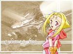  arms_behind_back blonde_hair facial_mark fiona_(zoids) flat_chest forehead_mark happy looking_back red_eyes solo wallpaper zoids zoids_chaotic_century 