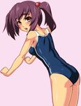  bad_id bad_pixiv_id bent_over brown_eyes brown_hair copyright_request flat_chest looking_back nyamota one-piece_swimsuit school_swimsuit solo swimsuit twintails 