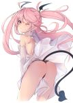  1girl ;o ass bare_legs bare_shoulders black_panties breasts cropped_legs demon_girl demon_tail dress from_behind gloves highres kedama_milk long_hair looking_back one_eye_closed original panties pink_eyes pink_hair pointy_ears simple_background sketch small_breasts solo sweatdrop tail thong underwear very_long_hair white_background white_dress white_gloves 