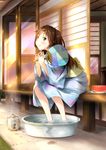  bad_id bad_pixiv_id basin brown_eyes brown_hair chuunibyou_demo_koi_ga_shitai! fan food fruit hair_ornament hairclip japanese_clothes kayari_buta kimono long_hair miro_(katsushikashibamata) mosquito_coil nibutani_shinka paper_fan side_ponytail sitting smile soaking_feet steepled_fingers uchiwa watermelon yukata 