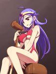  alternate_costume antenna_hair blue_hair breasts caryo circlet dragon_quest dragon_quest_iii long_hair long_legs looking_down medium_breasts nanashino one-piece_swimsuit parted_lips purple_eyes revealing_swimsuit_(dq) sage_(dq3) sitting staff sweatdrop swimsuit underboob 
