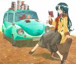  absurdres black_hair blue_eyes book book_stack breasts car coat eisuke_(gobangai_hole_boys) full_body glasses ground_vehicle highres large_breasts long_hair long_skirt motor_vehicle necktie read_or_die red_neckwear skirt solo subaru_360 yomiko_readman 