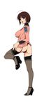  1girl ahoge alternate_eye_color black_legwear black_panties blue_eyes bob_cut brown_hair from_behind garter_straps harada_makoto high_heels hiyoko_daiou leg_lift legs looking_at_viewer looking_back open_mouth panties shoes simple_background solo standing thighhighs uchuu_senkan_yamato uchuu_senkan_yamato_2199 underwear uniform white_background 