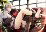  :o ankle_cuffs bad_id bad_pixiv_id ball barefoot brown_skirt cage chain couch cuffs feet grey_hair halo heart highres legs long_sleeves looking_at_viewer off_shoulder original parted_lips pixel_heart pleated_skirt red_eyes red_ribbon ribbon shackles shirotaka_(5choume) short_hair single_sock skirt socks soles solo toes wings 