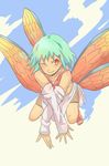  1girl bare_shoulders cloud detached_sleeves fishnets flying fuu_(naruto) green_hair hair_ornament hairclip looking_at_viewer naruto naruto_shippuuden o96ap orange_eyes sky smile solo wings wink 