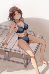  1girl antenna_hair barefoot bikini blue_bikini breasts brown_eyes brown_hair chiaki_rakutarou cleavage denim_bikini eyebrows_visible_through_hair groin hidaka_ai highres idolmaster idolmaster_dearly_stars large_breasts leaning_back looking_at_viewer navel shiny shiny_hair short_hair sideboob sitting smile solo swimsuit 