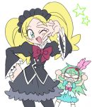  2girls angry bangs biburi_(precure) biburi_(precure)_(cosplay) blonde_hair bow clenched_teeth cosplay costume_switch green_eyes green_hair hacchi_(tennencalpis) hairband hand_on_hip juliet_sleeves kirahoshi_ciel kirahoshi_ciel_(cosplay) kirakira_precure_a_la_mode long_hair long_sleeves multiple_girls parted_bangs precure puffy_sleeves simple_background teeth v white_background 