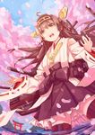  ahoge bad_id bad_pixiv_id blue_sky brown_eyes brown_hair brown_legwear cherry_blossoms day hair_ornament hairband highres japanese_clothes kantai_collection kimono kongou_(kantai_collection) long_hair long_sleeves open_mouth petals re_lucy sash sky smile solo thighhighs torii tree very_long_hair wading water wide_sleeves yukata 