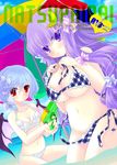  bikini blue_hair breasts checkered checkered_bikini cover cover_page crescent crescent_hair_ornament hair_ornament hair_ribbon highres large_breasts long_hair multiple_girls navel ocean parasol patchouli_knowledge purple_eyes purple_hair red_eyes remilia_scarlet ribbon shiromomo short_hair swimsuit touhou umbrella water water_gun 