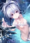  black_gloves breasts bubble cover cover_page darker_than_black doujin_cover from_above gloves hair_ribbon kawakami_rokkaku long_hair looking_at_viewer navel nipples nude ponytail purple_eyes reaching_out ribbon silver_hair sitting small_breasts solo_focus underwater water yin 