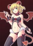  alternate_costume black_background blonde_hair bridal_gauntlets choker demon_girl demon_tail demon_wings frills gloves green_eyes horns isaki_(gomi) mizuhashi_parsee navel parted_lips pointy_ears riding_crop short_hair simple_background solo tail thighhighs touhou whip wings 