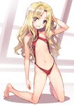  bad_id bad_pixiv_id barefoot blonde_hair blue_eyes blush breasts curly_hair frenda_seivelun grin hand_behind_head kneeling long_hair looking_at_viewer matsuryuu navel petite rei_no_pool slingshot_swimsuit small_breasts smile solo swimsuit to_aru_kagaku_no_railgun to_aru_majutsu_no_index 