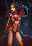 banned_artist boots breasts brown_eyes brown_hair helmet iron_man_(comics) laboratory marvel medium_breasts navel pepper_potts power_armor rescue_(iron_man) short_hair solo thigh_boots thighhighs tongue underboob wavy_hair yinan_cui 