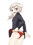  animal_ears ass brown_hair butt_crack caryo dog_ears dog_tail long_hair looking_at_viewer looking_back martina_crespi military military_uniform nanashino open_mouth panties red_panties simple_background solo strike_witches tail underwear uniform white_background world_witches_series 