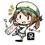  :d batsubyou beret blush_stickers bow brown_hair cat chibi error_musume es_(eisis) full_body girl_holding_a_cat_(kantai_collection) hair_bow hat holding kantai_collection long_sleeves open_mouth pleated_skirt sailor_collar shadow shirt shoshinsha_mark simple_background skirt smile solid_oval_eyes solo standing standing_on_one_leg translated twintails v-shaped_eyebrows white_background white_legwear 